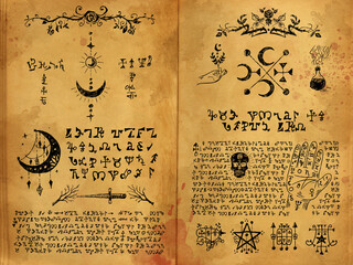 Digital Illustration hand drawn. Witchcraft old book with magic spell, wicca and mystic symbols. Vintage Gothic, esoteric and occult old pages, with fantasy letters. Ritual magic Pentagram sigil.