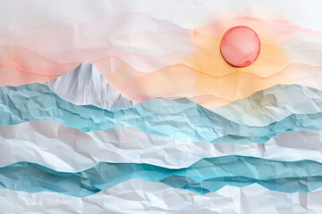 Abstract paper waves in shades of blue and pink under a circular sunset, depicting a serene and...