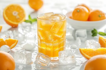 Detail of orange drink with a lot of ice on a white table with fruit and a bowl with ice around it and isolated background. Front view. Horizontal composition.