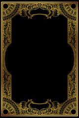 Digital Illustration hand drawn, gold Vintage border frame engraving ornament on black background.