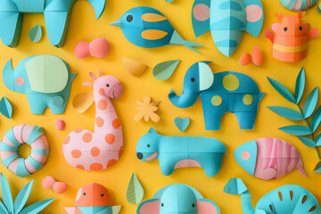 Bright and playful paper craft artwork featuring assorted animal shapes on a yellow background,...