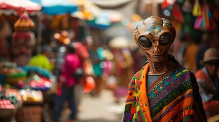 Alien in Vibrant Attire Experiences the Diversity of Exotic Market in Mexican Street