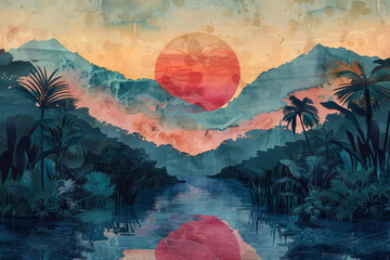 An intricately detailed tropical landscape at sunset, showcasing rich foliage with palm trees...