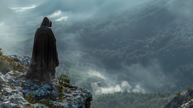 Hooded Figure Surveying the Mystical Landscape at Dawn