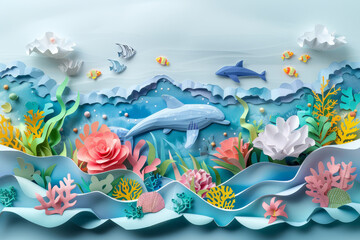 A tranquil ocean scene featuring a narwhal and fish among sea plants, all crafted from layered paper cutouts, in a stylized underwater setting.