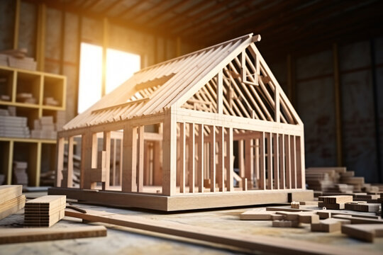 Construction wooden house, Wooden framework, building house, residential construction home, blue sky,