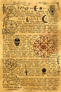 Digital Illustration hand drawn. Witchcraft old book with magic spell, wicca and mystic symbols. Vintage Gothic, esoteric and occult old pages, with fantasy letters. Ritual magic Pentagram sigil.