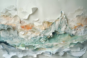 Abstract textured paper collage art depicting a rugged mountain range with intricate details and a...