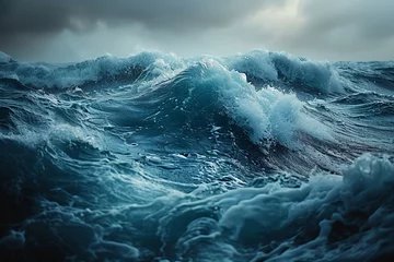 Foto op Plexiglas A stormy sea with powerful blue waves crashing, creating a dramatic and dynamic scene. © Andrii Zastrozhnov