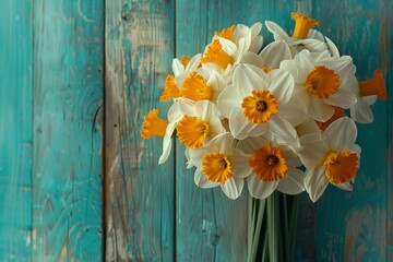 A bouquet of fresh daffodils with vivid orange centers set against a soft blue backdrop