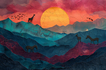 Vibrant paper art landscape with red to blue gradient mountain layers, a white deer, and a sunset background..