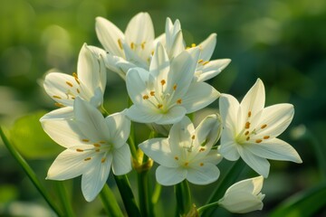 White spring flowers basking in golden sunlight, with a soft focus creating a dreamy, ethereal atmosphere