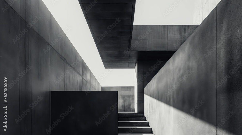 Poster abstract view of a contemporary concrete structure featuring stark geometric play of light and shado
