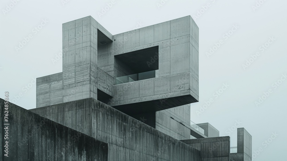 Poster abstract view of a contemporary building with brutalist elements on a foggy day