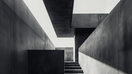 Abstract view of a contemporary concrete structure featuring stark geometric play of light and shadow