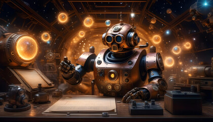 A steampunk robot standing in a bunker with a futuristic desk and generators in the background