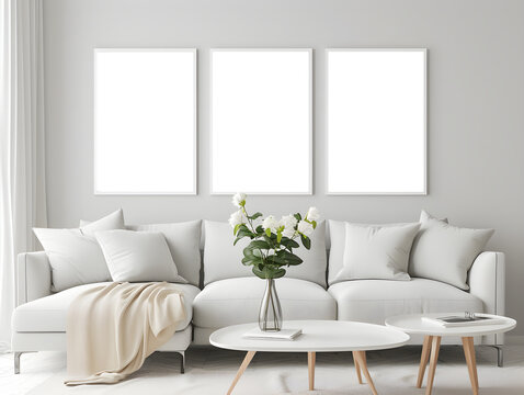Mockup frame in cosy living room interior,minimalist interior, Generative AI