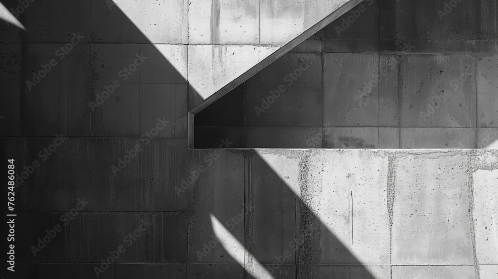 Poster monochromatic image showcasing the stark contrasts and geometric patterns of a concrete staircase wi