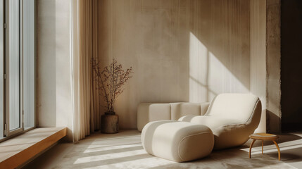 Fototapeta na wymiar Cozy, contemporary living space with stylish furniture basking in the warm sunlight