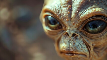 Curious Alien Peeking: Intricate Textures and Inquisitive Eyes of an Extraterrestrial Baby Creature on Alien Planet Aictesia