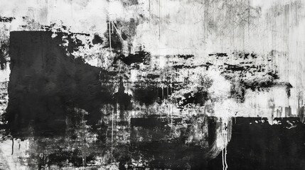 Monochrome abstract painting with textured brushstrokes and grunge elements