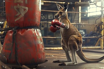 A kangaroo wearing boxing gloves, hopping around a ring, punching a heavy bag in a gym setting - obrazy, fototapety, plakaty
