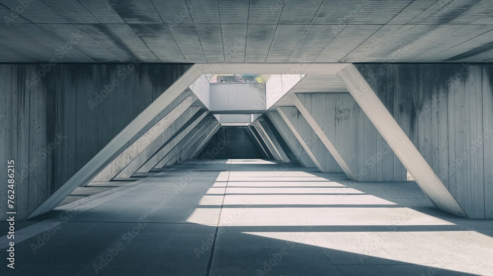 Poster symmetrical view of a concrete passage with striking light and shadow patterns