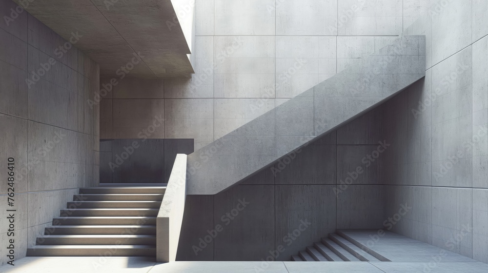 Poster sunlight filters through a minimalist concrete architecture with a clean-lined staircase