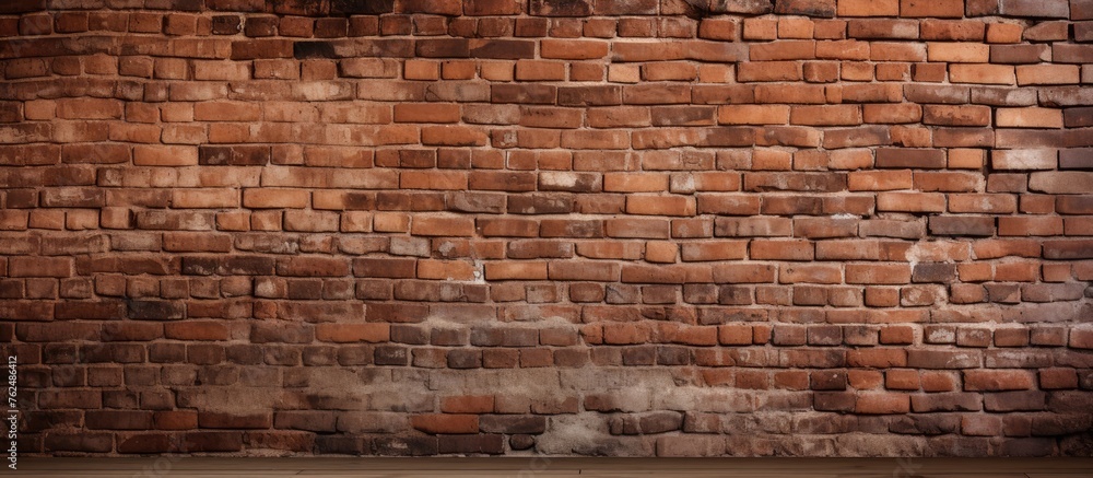Poster a detailed view of a brown brick wall with a concrete floor. the intricate brickwork creates a uniqu