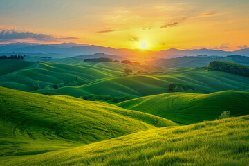 Obraz premium Rolling Green Hills Under Vibrant Skies