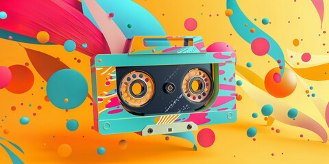 Colorful illustration of a vintage cassette player with dynamic shapes and splashes
