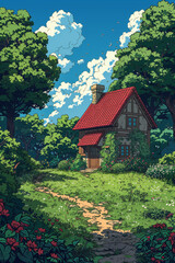 A cute rustic house in the woods in summer