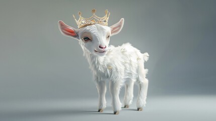 Baby goat with a tiara frolicking with an air of aristocracy and playful grace