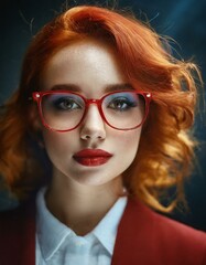 Fototapeta premium Fashion portrait close-up of a woman in red glasses and beautiful beauty makeup on a dark background