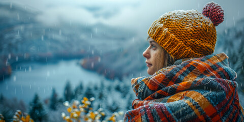 A person stands amidst falling snow, wrapped in a cozy plaid scarf and sporting a vibrant knit cap - obrazy, fototapety, plakaty