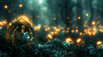 Obraz na płótnie Canvas Glowing Fantasy Creature Stands Tall in Bioluminescent Forest at Night
