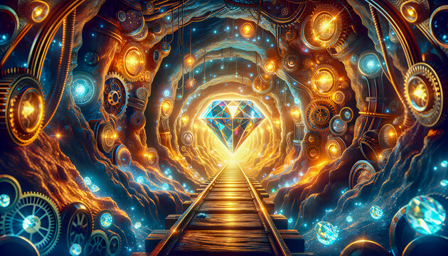a goldmine diamond ancient underground railway mountain treasury jewel train tunnel geology mine treasure riches cave trolley mineral rock gold valuable glowing crystal gem gemstone mining wealth