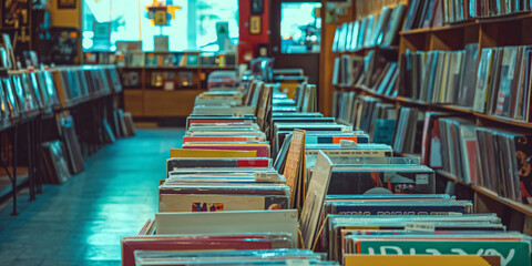 Nostalgic view inside a classic record shop with rows of vinyl albums