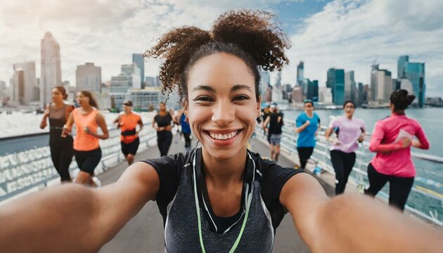  female marathon runner is taking a selfie picture while running