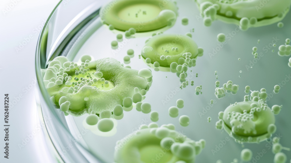 Poster petri dish with clusters of green microalgae under examination in a lab setting.