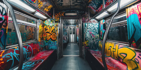 Empty subway carriage artistically vandalized with colorful graffiti tags and designs