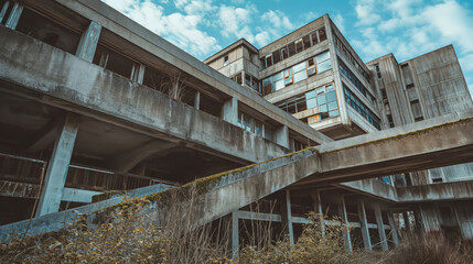 Fototapeta premium Eerie, desolate concrete structure overgrown with vegetation under a cloudy sky