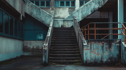 Moody shot of a weathered staircase in a neglected city building with graffiti and rusty rails