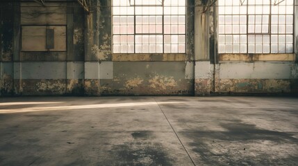 Warm sunlight filters through large windows in a spacious, abandoned warehouse interior - Powered by Adobe