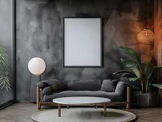 Black painted wooden frame mockup close up on grey wall,Living Room,Generative AI