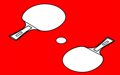 A vector illustration featuring two white silhouette table tennis racket outlines with black contours, accompanied by ping-pong balls, all set against a vibrant red background