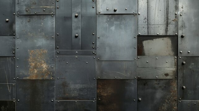 High-resolution image of a weathered metal wall with riveted plates, suitable for backgrounds