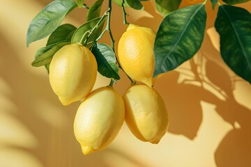 Fresh lemon hanging from a tree branch in a lush garden with yellow background
