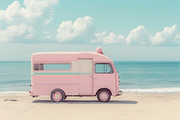 A pink pastel ice cream van parked on a sandy beach