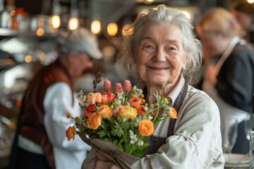 an old woman with a bouquet of flowers
